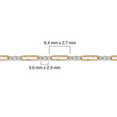 Gold filled and silver chain with measurements on a white background